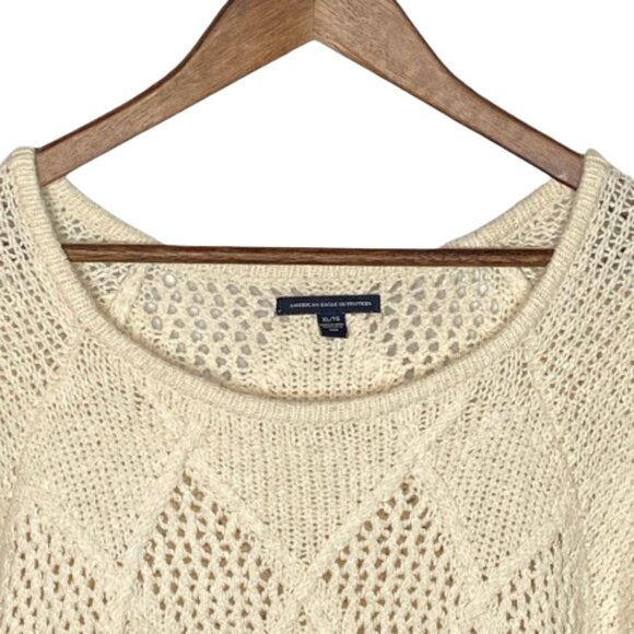American Eagle Womens Open Cable Knit Sweater Size Extra Large Cream Casual Cozy - Picture 5 of 14